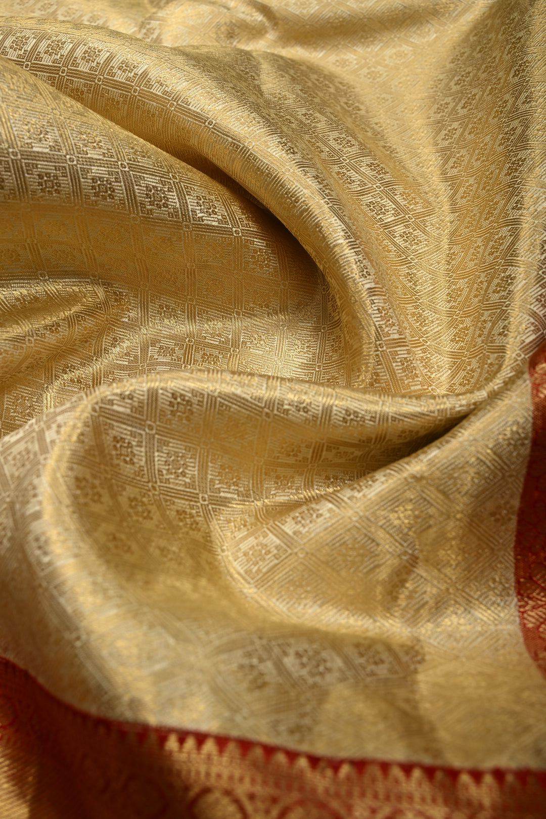 Talambralu Ivory-Gold Pure Kanjivaram Tissue Silk Saree with Geomatric Brocade and Contrast Zari Border | SILK MARK CERTIFIED | SHOBITAM
