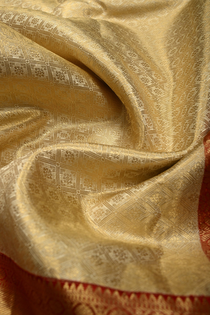 Talambralu Ivory-Gold Pure Kanjivaram Tissue Silk Saree with Geomatric Brocade and Contrast Zari Border | SILK MARK CERTIFIED | SHOBITAM