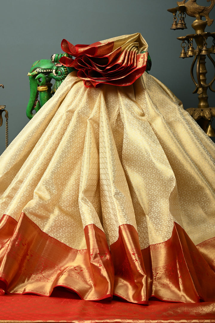 Talambralu Ivory-Gold Pure Kanjivaram Tissue Silk Saree with Geomatric Brocade and Contrast Zari Border | SILK MARK CERTIFIED | SHOBITAM