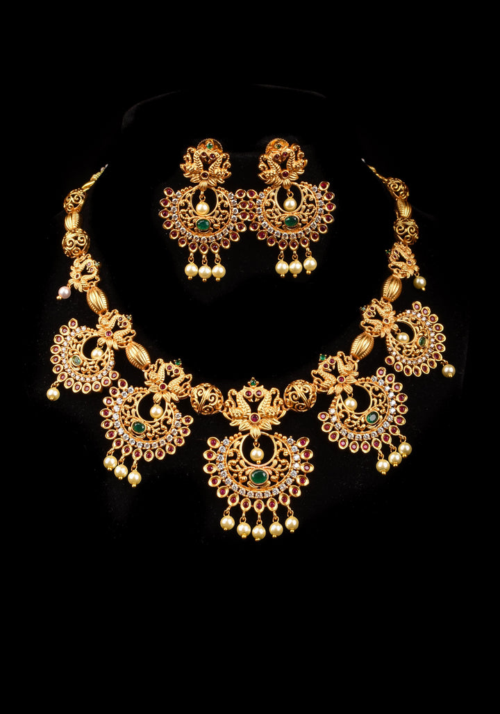 Elegant Twin Peacock Necklace Set with Chandbali Design and Dangling Beads | Shobitam Jewelry