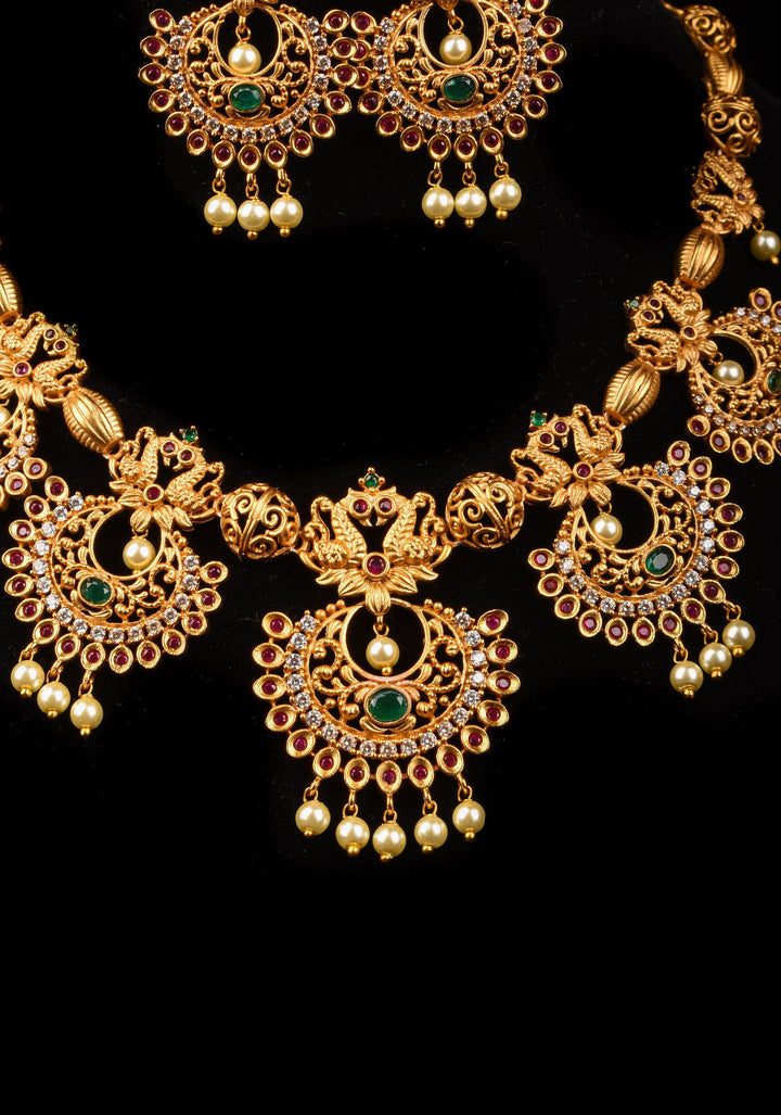 Elegant Twin Peacock Necklace Set with Chandbali Design and Dangling Beads | Shobitam Jewelry