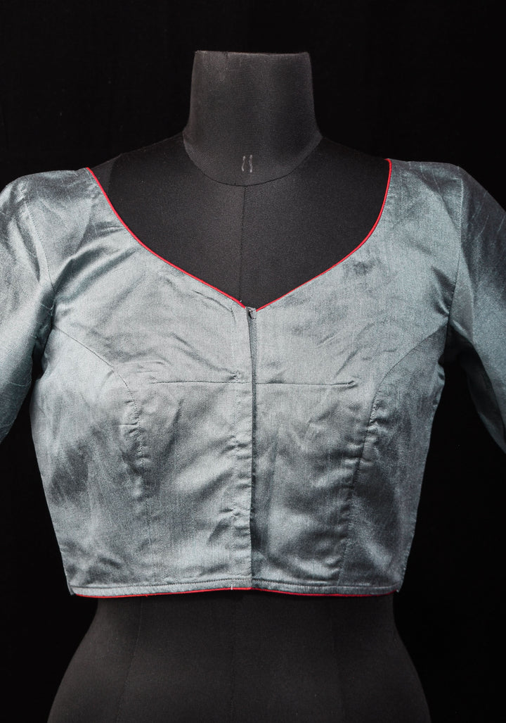 Size 36: Gray Raw silk Blouse With Lord Krishna and cow Hand Painting