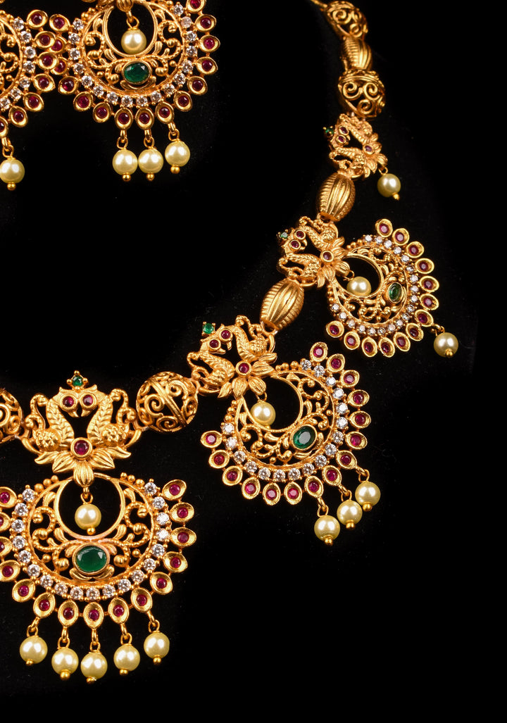 Elegant Twin Peacock Necklace Set with Chandbali Design and Dangling Beads | Shobitam Jewelry