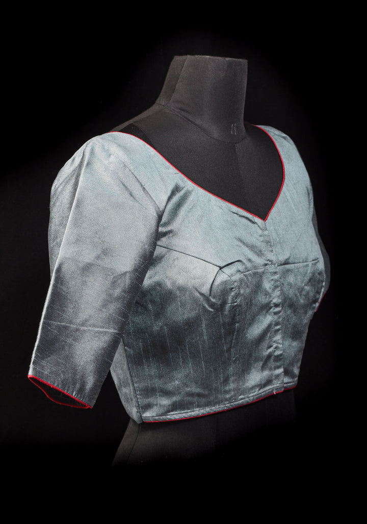 Size 36: Gray Raw silk Blouse With Lord Krishna and cow Hand Painting