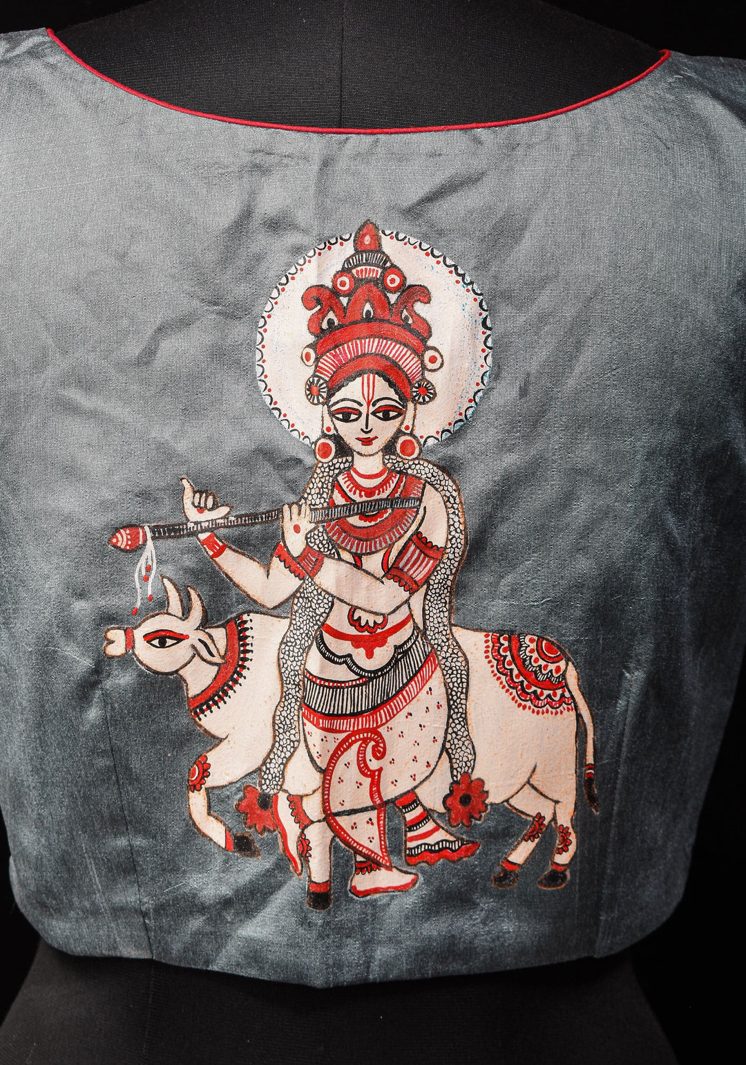 Size 36: Gray Raw silk Blouse With Lord Krishna and cow Hand Painting
