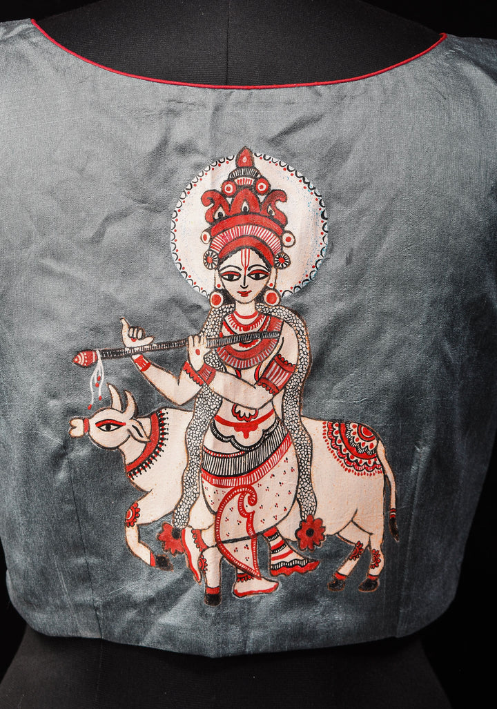 Size 36: Gray Raw silk Blouse With Lord Krishna and cow Hand Painting