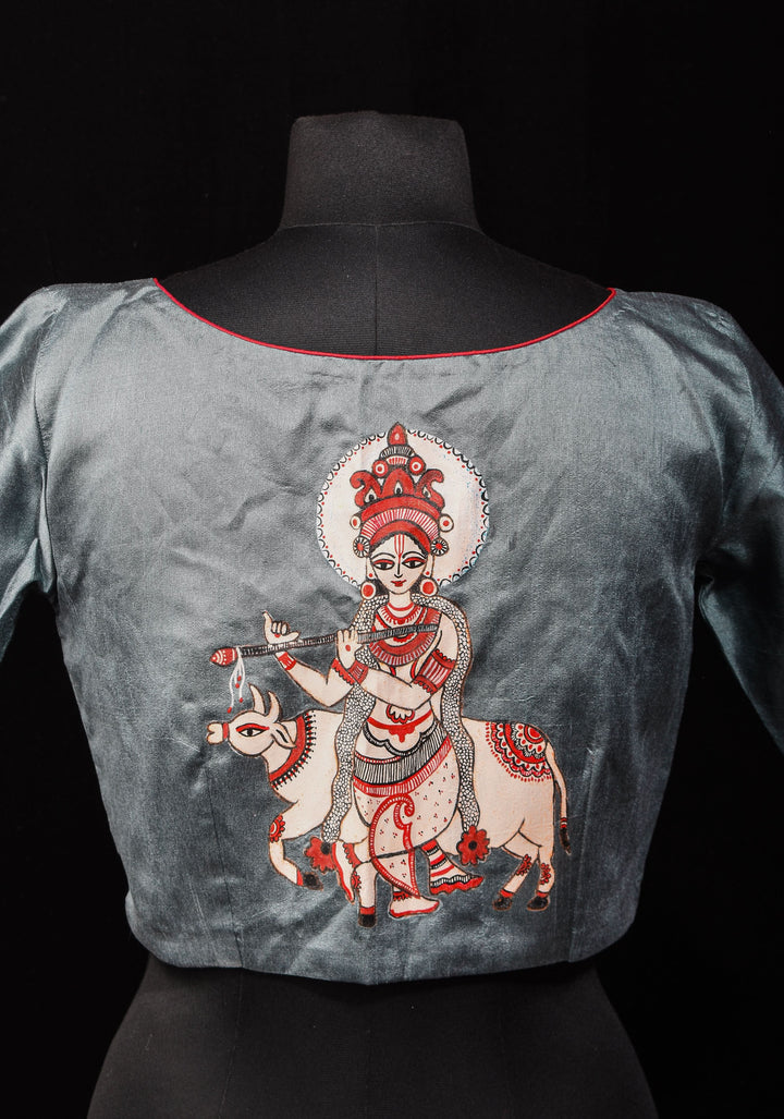 Size 36: Gray Raw silk Blouse With Lord Krishna and cow Hand Painting