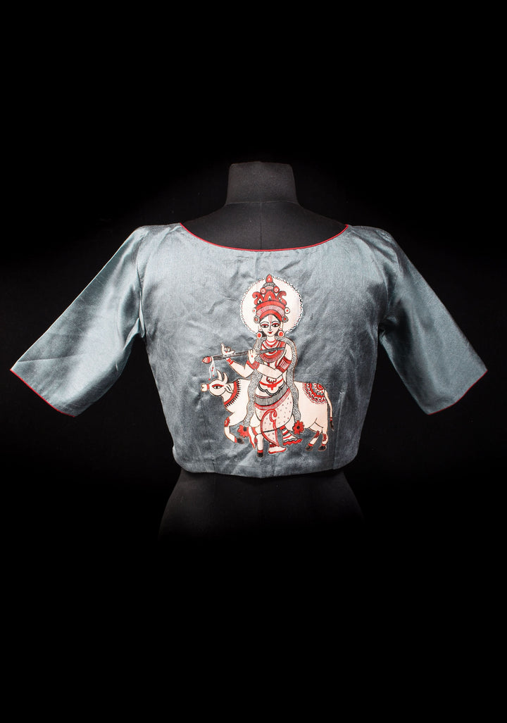 Size 36: Gray Raw silk Blouse With Lord Krishna and cow Hand Painting