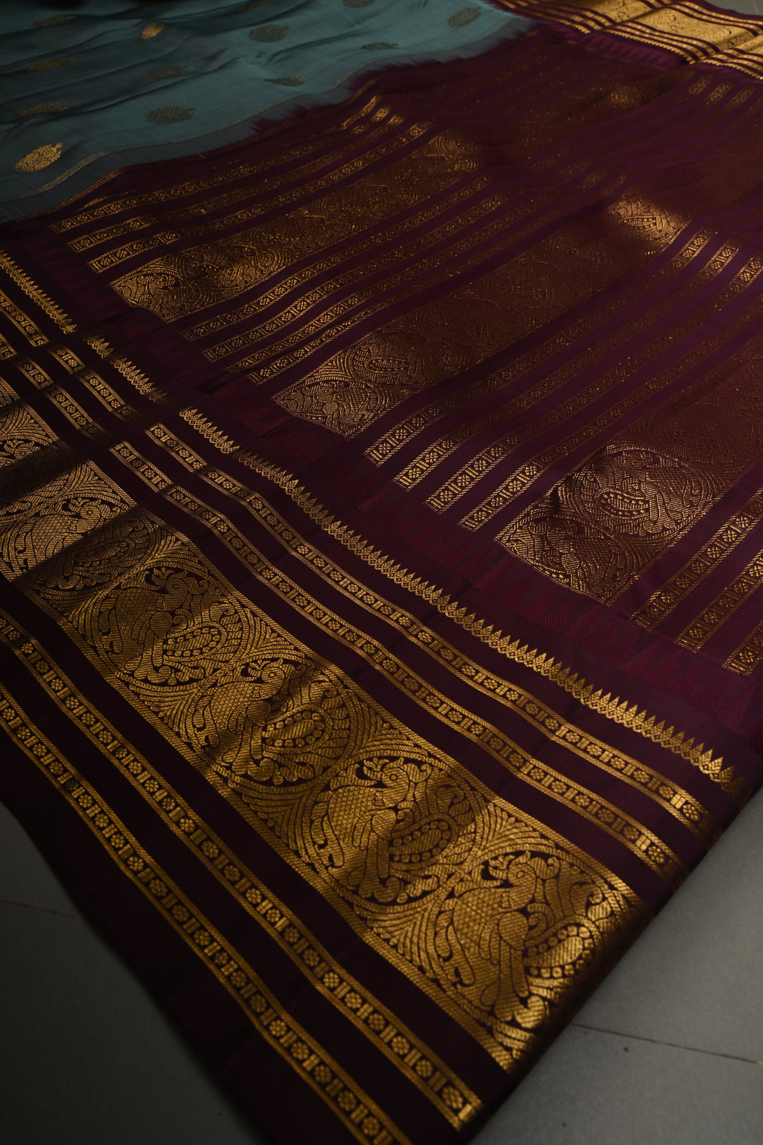 Slate Blue Gadwal Pure Silk Saree with Zari Buttas and Contrast Wide Zari Border | SILK MARK CERTIFIED | SHOBITAM