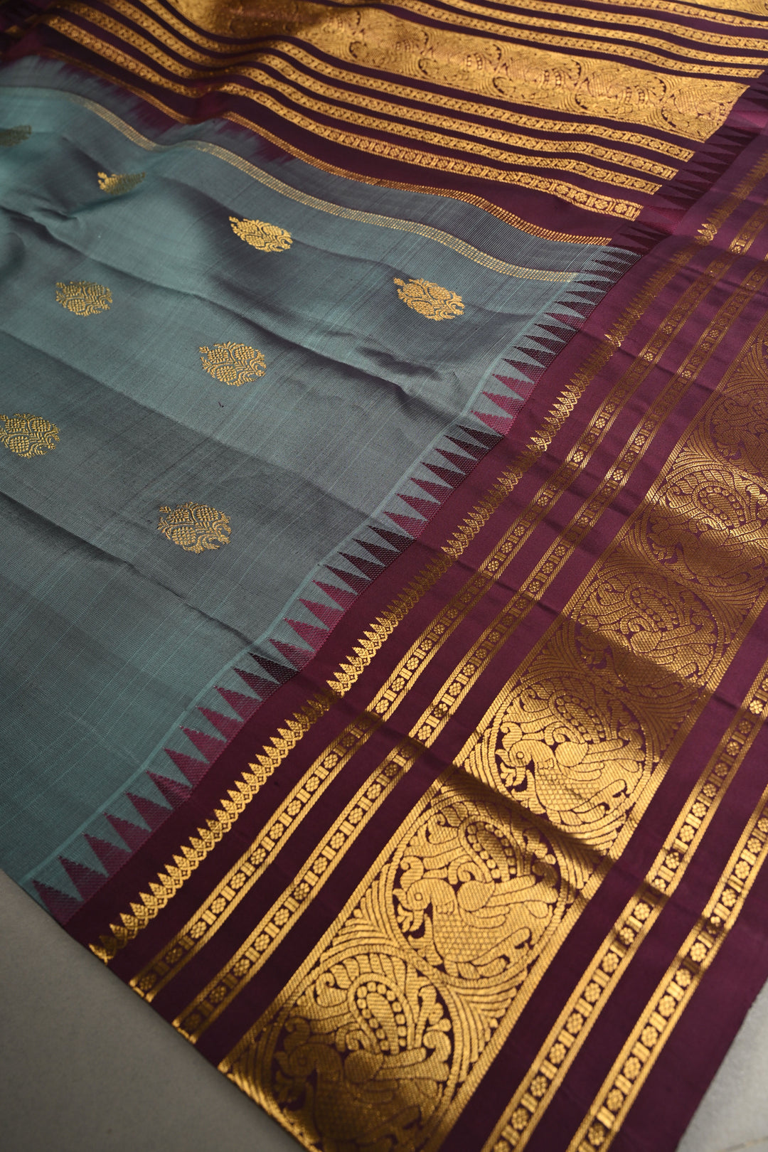 Slate Blue Gadwal Pure Silk Saree with Zari Buttas and Contrast Wide Zari Border | SILK MARK CERTIFIED | SHOBITAM