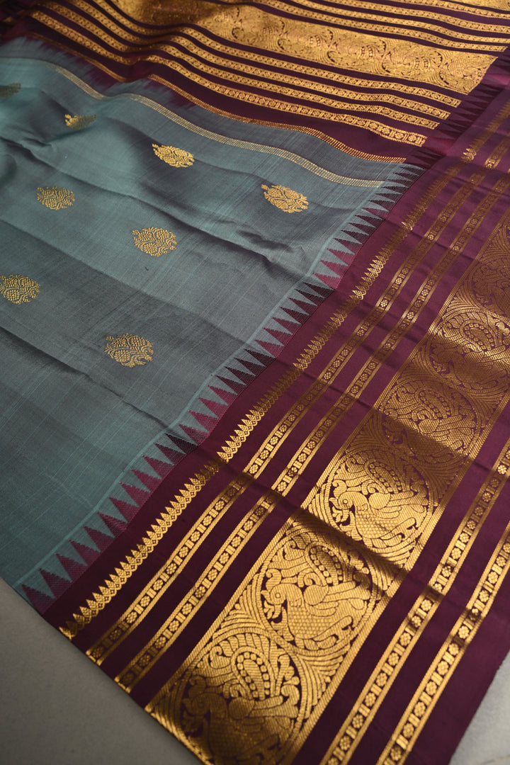 Slate Blue Gadwal Pure Silk Saree with Zari Buttas and Contrast Wide Zari Border | SILK MARK CERTIFIED | SHOBITAM
