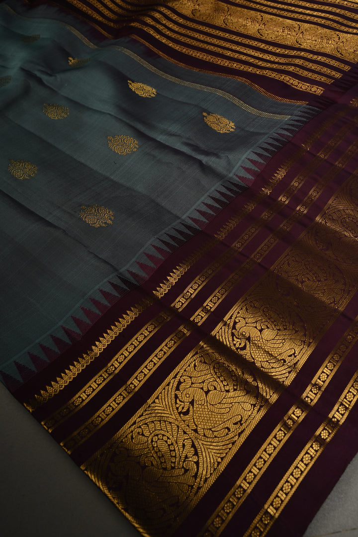 Slate Blue Gadwal Pure Silk Saree with Zari Buttas and Contrast Wide Zari Border | SILK MARK CERTIFIED | SHOBITAM