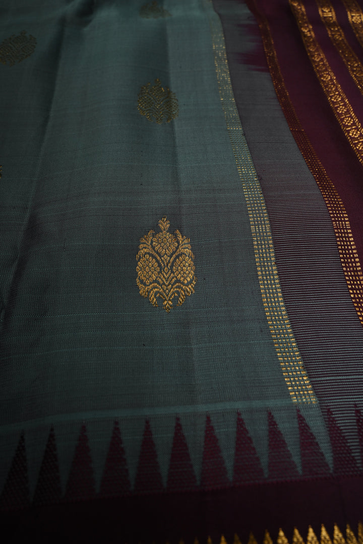 Slate Blue Gadwal Pure Silk Saree with Zari Buttas and Contrast Wide Zari Border | SILK MARK CERTIFIED | SHOBITAM