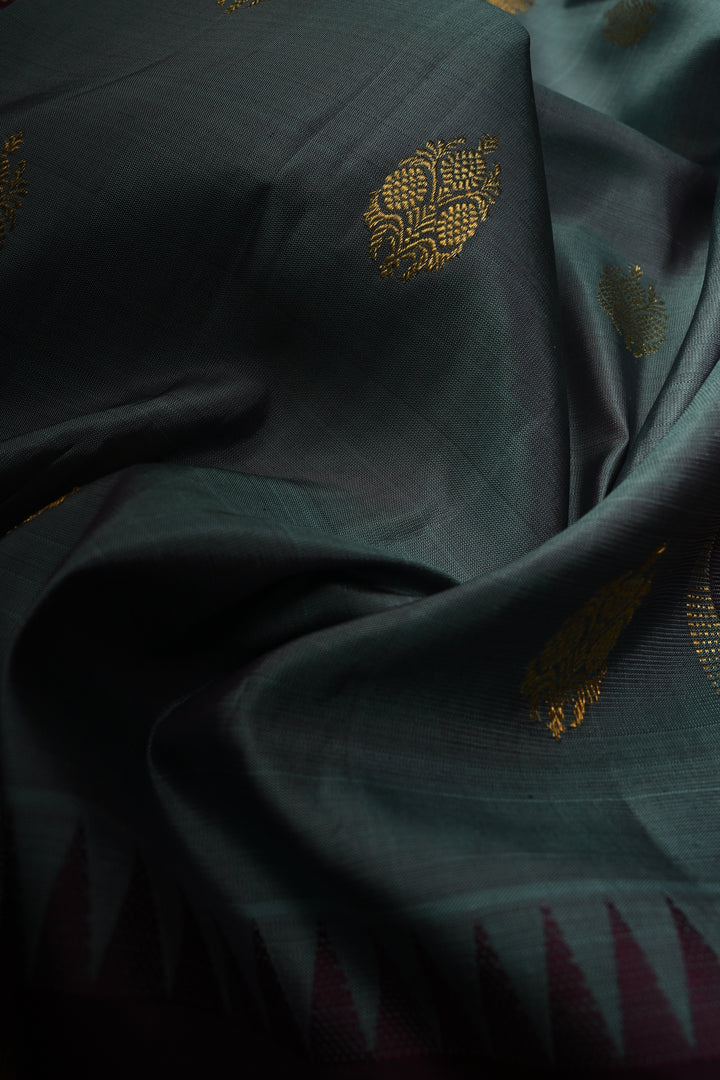 Slate Blue Gadwal Pure Silk Saree with Zari Buttas and Contrast Wide Zari Border | SILK MARK CERTIFIED | SHOBITAM