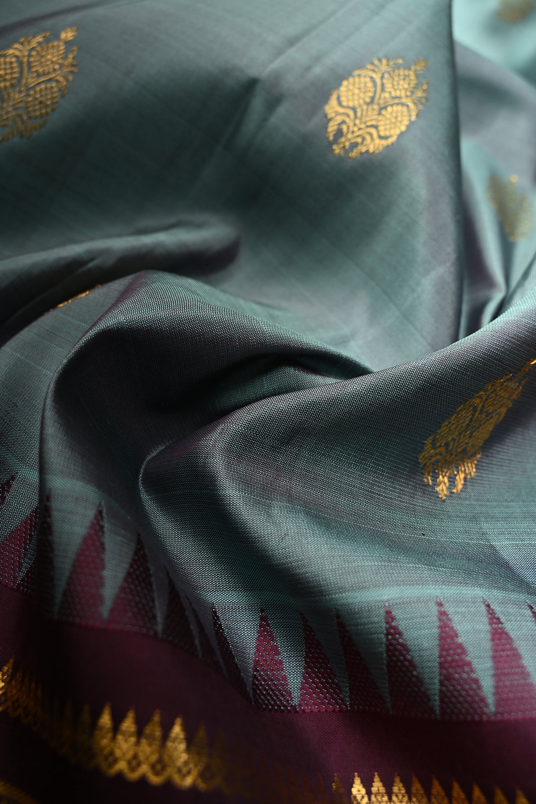 Slate Blue Gadwal Pure Silk Saree with Zari Buttas and Contrast Wide Zari Border | SILK MARK CERTIFIED | SHOBITAM