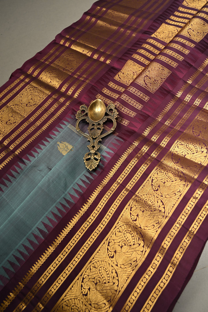 Slate Blue Gadwal Pure Silk Saree with Zari Buttas and Contrast Wide Zari Border | SILK MARK CERTIFIED | SHOBITAM