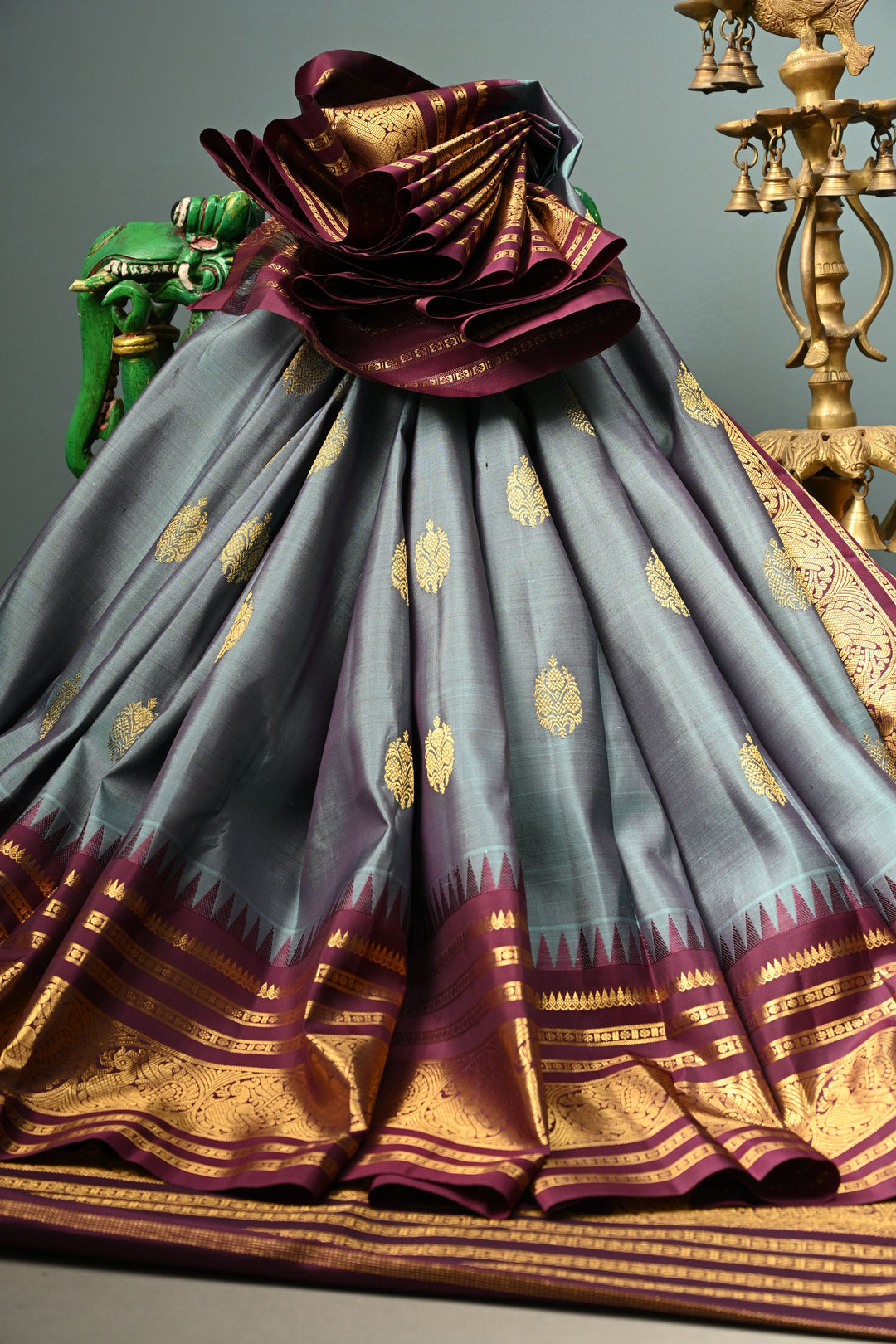 Slate Blue Gadwal Pure Silk Saree with Zari Buttas and Contrast Wide Zari Border | SILK MARK CERTIFIED | SHOBITAM