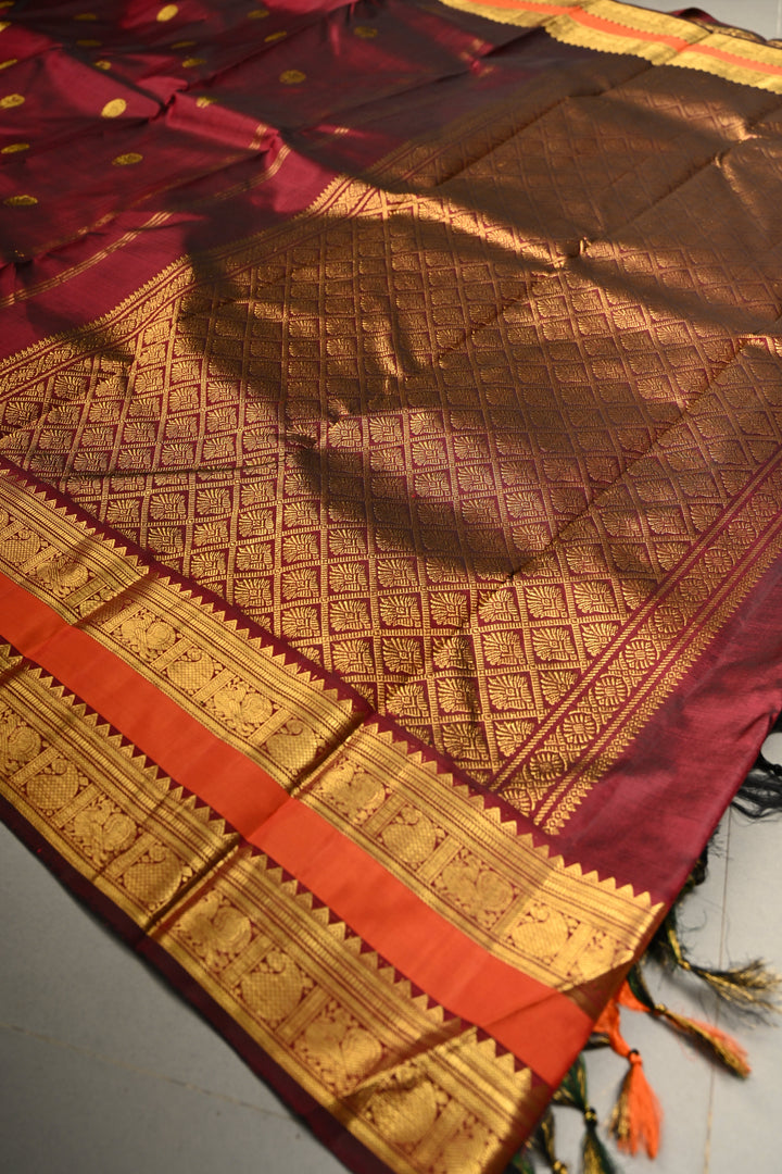 Burgundy Pure Kanjivaram Silk Saree with Zari Buttas and Contrast Zari Border | SILK MARK CERTIFIED | SHOBITAM