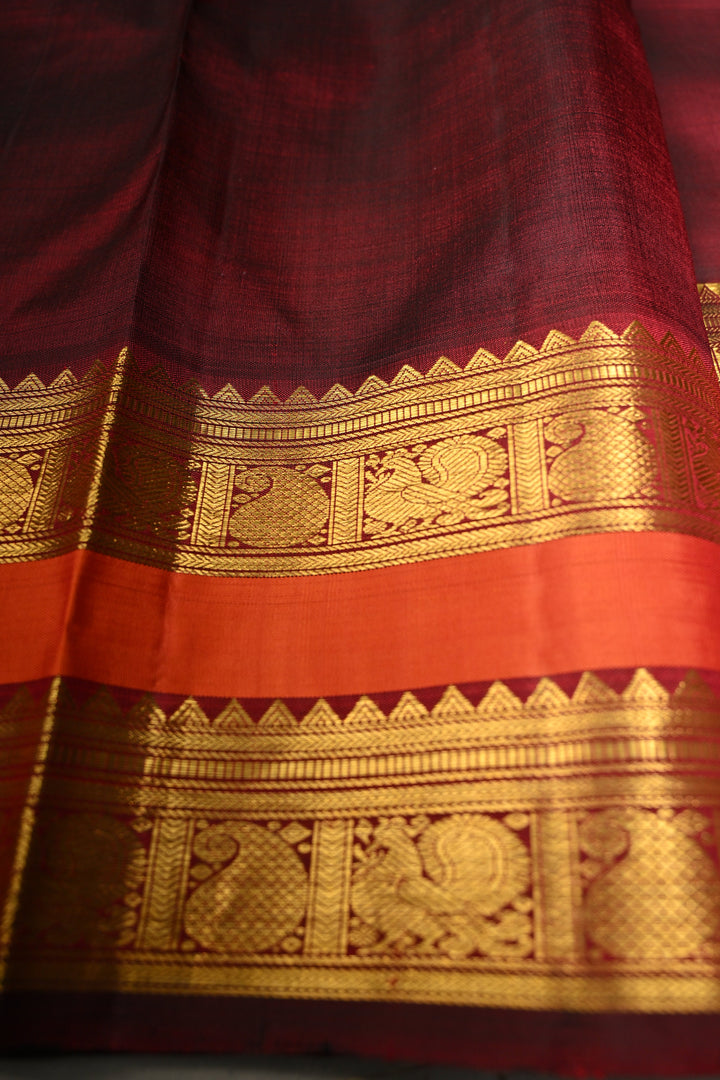 Burgundy Pure Kanjivaram Silk Saree with Zari Buttas and Contrast Zari Border | SILK MARK CERTIFIED | SHOBITAM