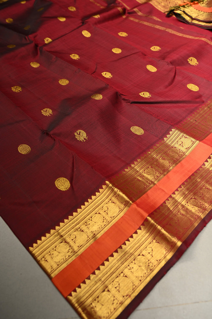 Burgundy Pure Kanjivaram Silk Saree with Zari Buttas and Contrast Zari Border | SILK MARK CERTIFIED | SHOBITAM