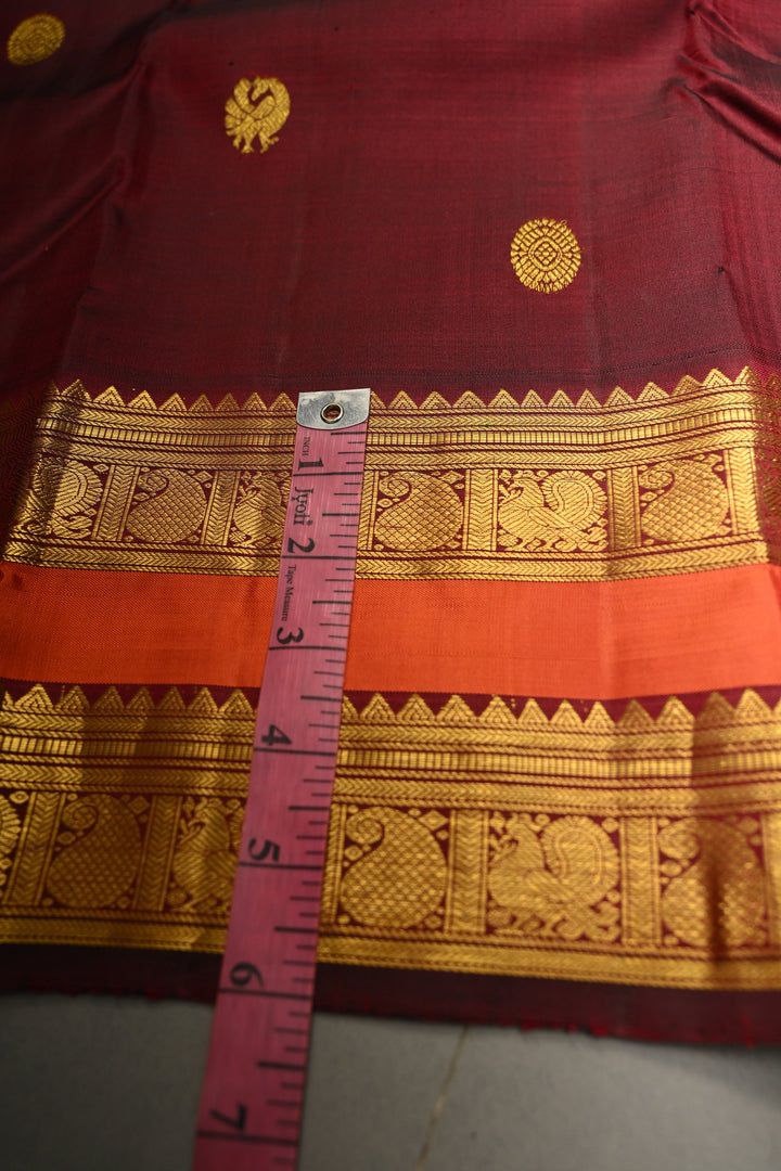 Burgundy Pure Kanjivaram Silk Saree with Zari Buttas and Contrast Zari Border | SILK MARK CERTIFIED | SHOBITAM