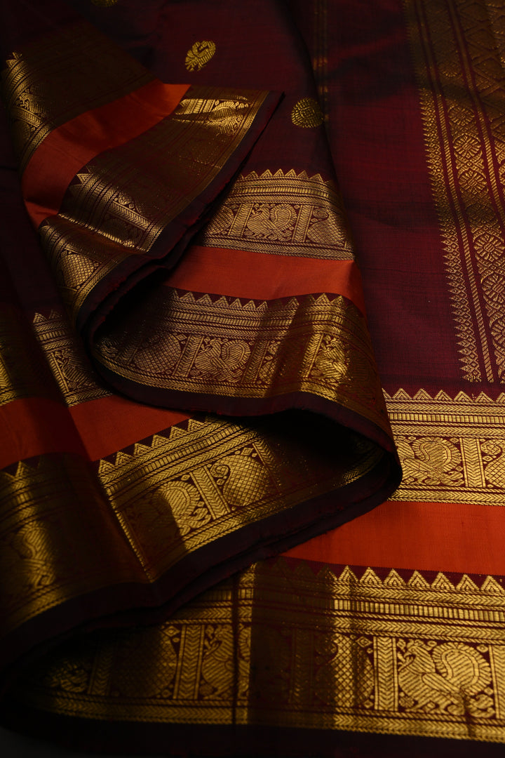 Burgundy Pure Kanjivaram Silk Saree with Zari Buttas and Contrast Zari Border | SILK MARK CERTIFIED | SHOBITAM