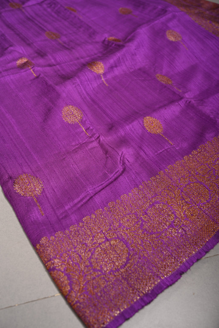 Royal Purple Banarasi Raw Silk Saree with Antique Zari Buttas and Zari Border | SILK MARK CERTIFIED | SHOBITAM