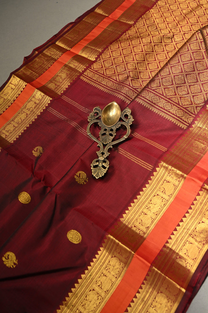 Burgundy Pure Kanjivaram Silk Saree with Zari Buttas and Contrast Zari Border | SILK MARK CERTIFIED | SHOBITAM