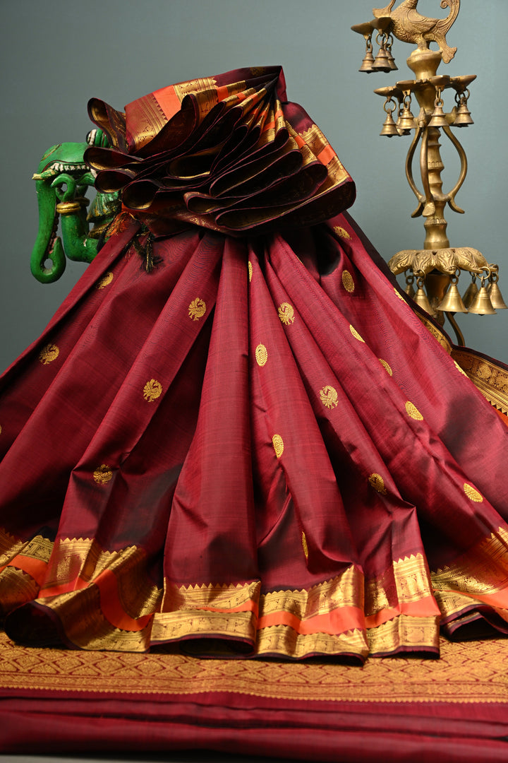 Burgundy Pure Kanjivaram Silk Saree with Zari Buttas and Contrast Zari Border | SILK MARK CERTIFIED | SHOBITAM