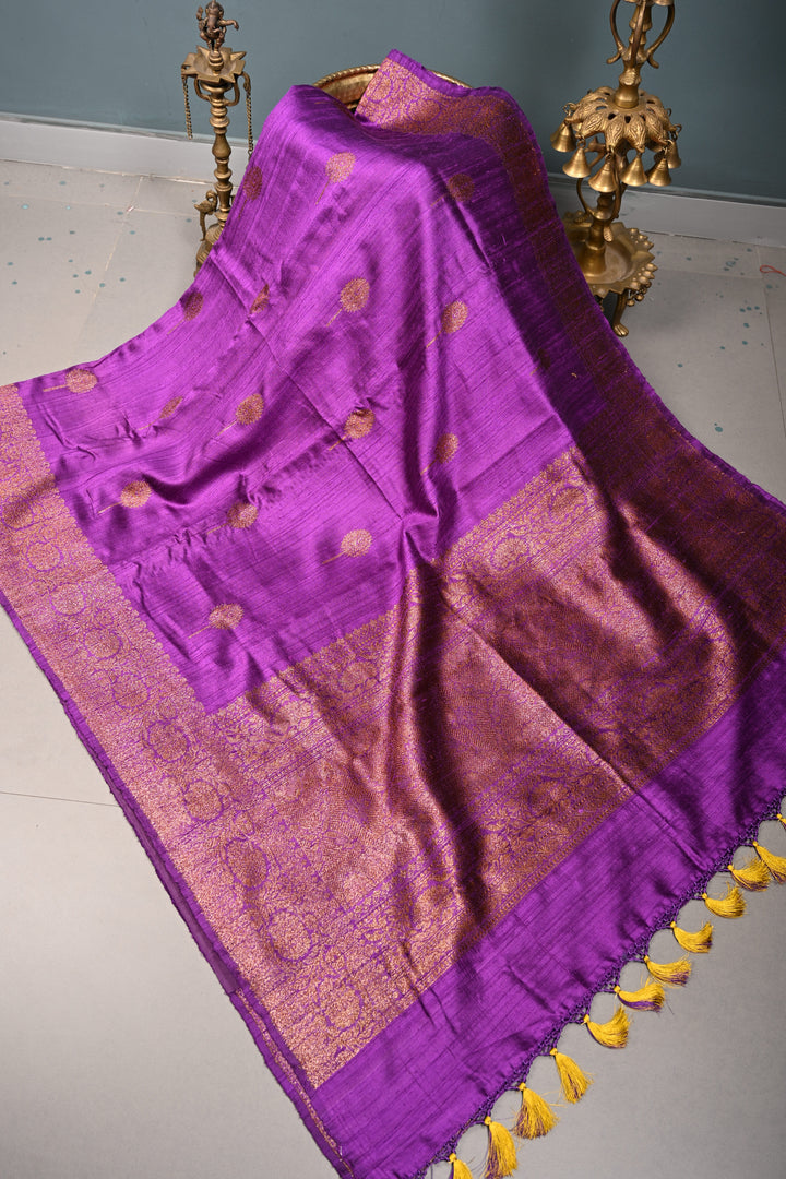 Royal Purple Banarasi Raw Silk Saree with Antique Zari Buttas and Zari Border | SILK MARK CERTIFIED | SHOBITAM