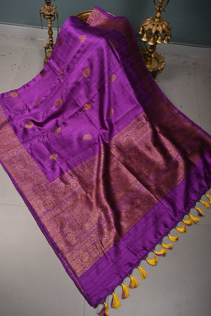 Royal Purple Banarasi Raw Silk Saree with Antique Zari Buttas and Zari Border | SILK MARK CERTIFIED | SHOBITAM