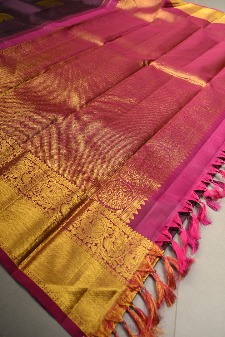 Deep Purple Self Brocade on Pure Kanjivaram Silk Handloom Saree with Paisely Motifs and Zari Border | SILK MARK CERTIFIED | SHOBITAM