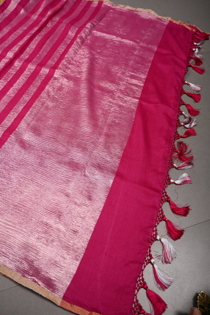 Rani Pink Georgette Saree with Crushed Tissue Vertical Stripes and Minimalist Zari Border