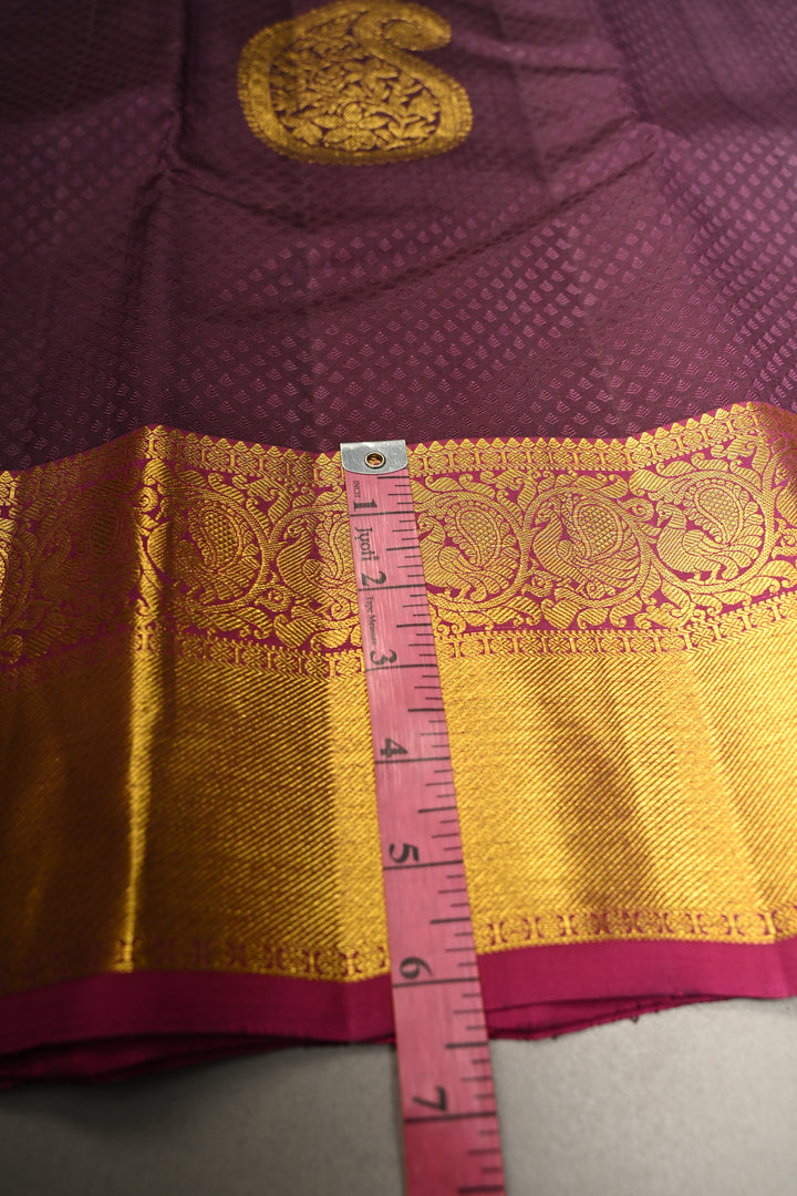 Deep Purple Self Brocade on Pure Kanjivaram Silk Handloom Saree with Paisely Motifs and Zari Border | SILK MARK CERTIFIED | SHOBITAM