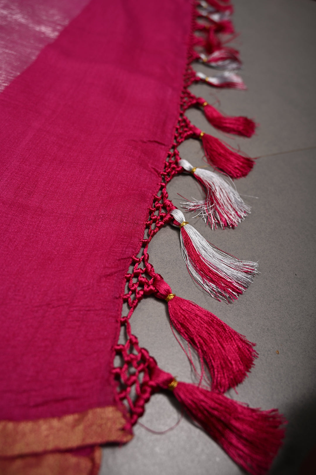 Rani Pink Georgette Saree with Crushed Tissue Vertical Stripes and Minimalist Zari Border