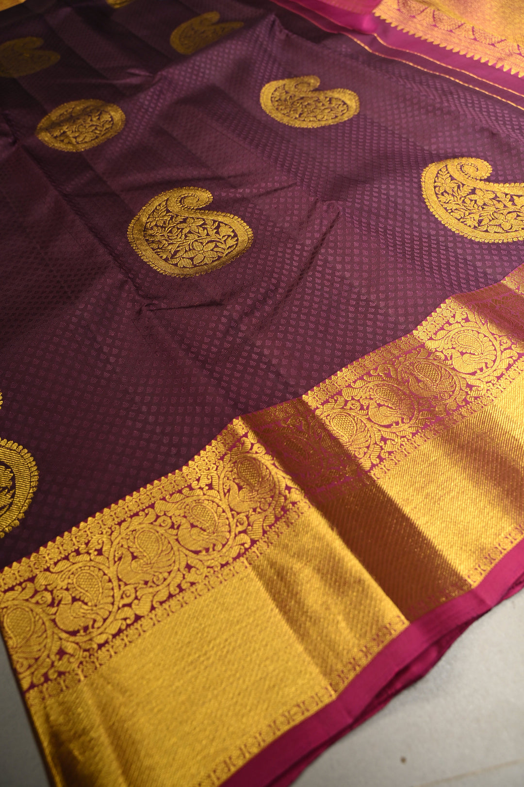 Deep Purple Self Brocade on Pure Kanjivaram Silk Handloom Saree with Paisely Motifs and Zari Border | SILK MARK CERTIFIED | SHOBITAM
