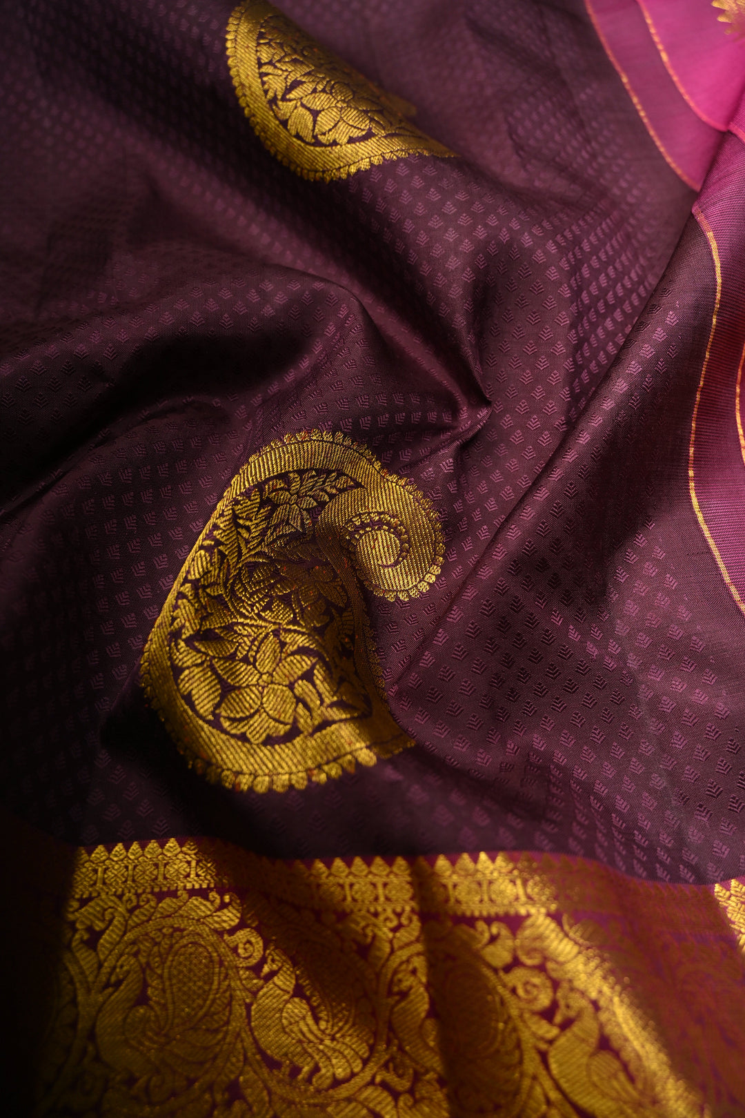Deep Purple Self Brocade on Pure Kanjivaram Silk Handloom Saree with Paisely Motifs and Zari Border | SILK MARK CERTIFIED | SHOBITAM