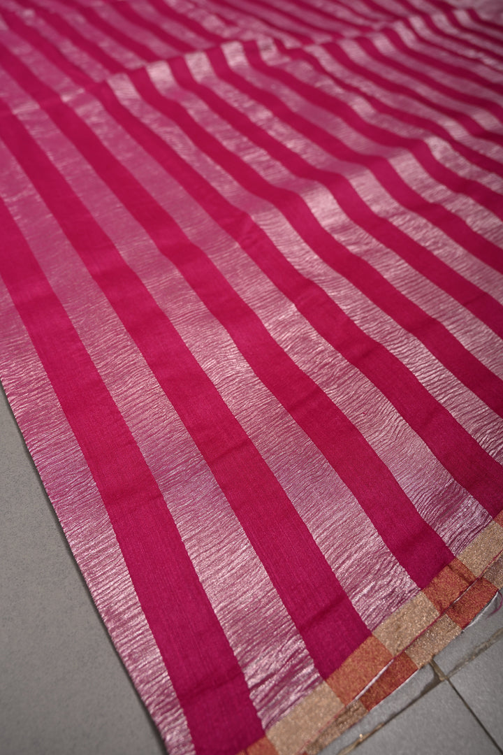 Rani Pink Georgette Saree with Crushed Tissue Vertical Stripes and Minimalist Zari Border