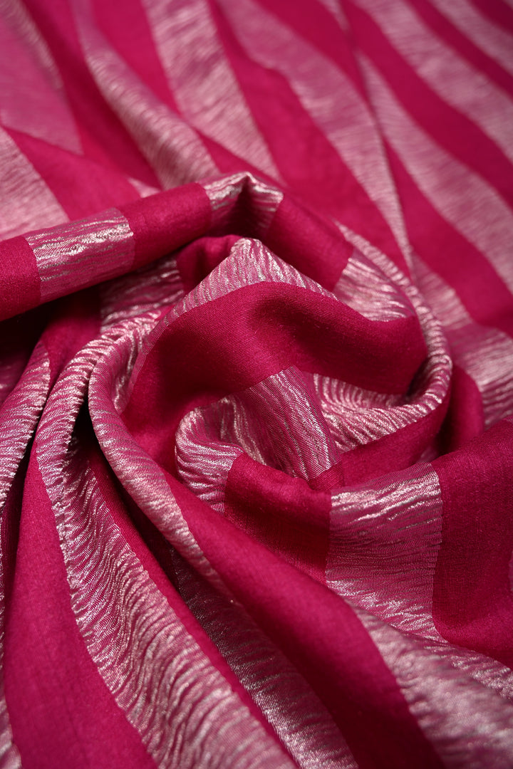 Rani Pink Georgette Saree with Crushed Tissue Vertical Stripes and Minimalist Zari Border