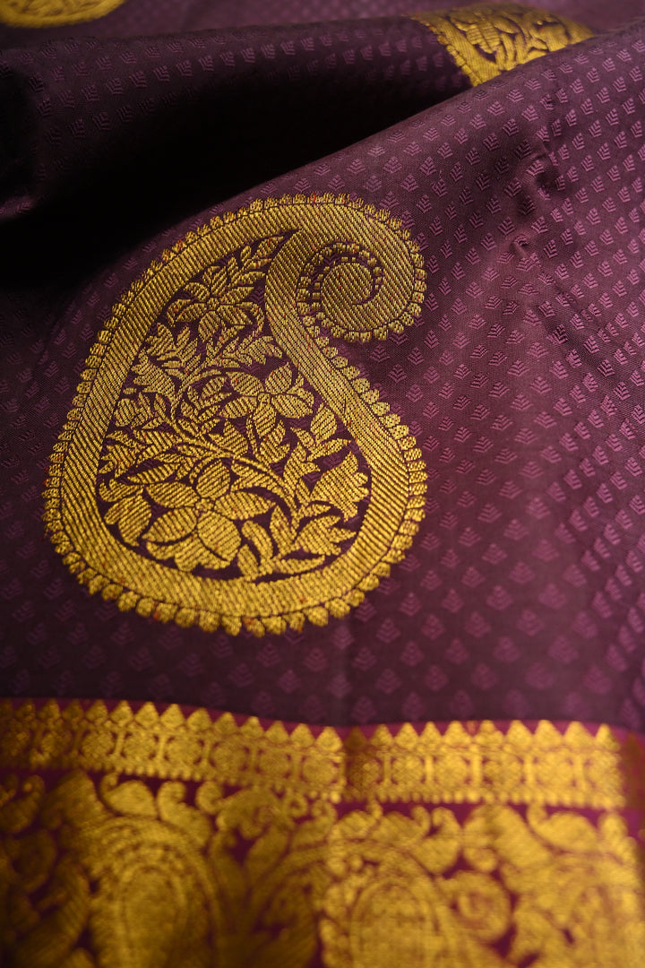 Deep Purple Self Brocade on Pure Kanjivaram Silk Handloom Saree with Paisely Motifs and Zari Border | SILK MARK CERTIFIED | SHOBITAM