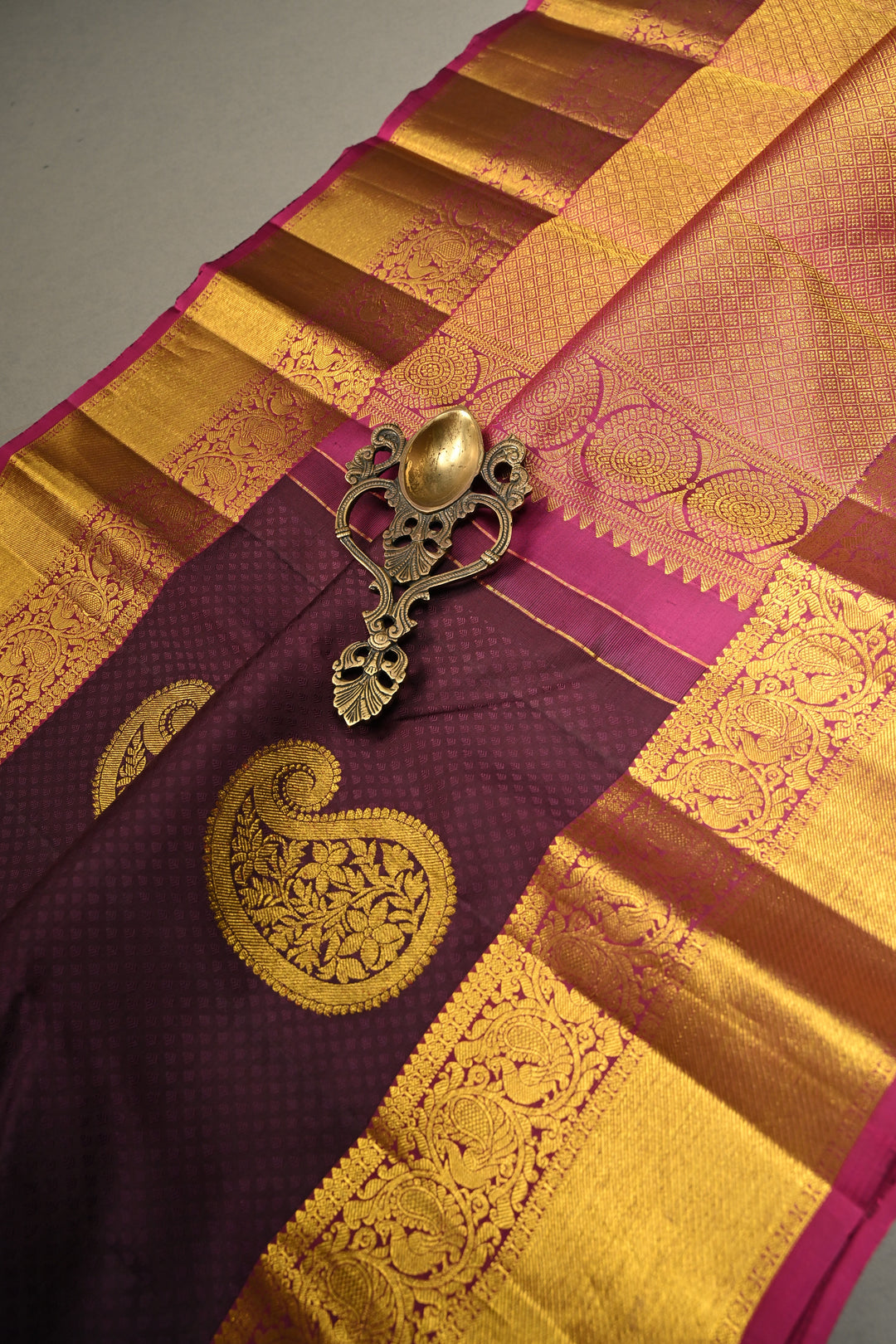 Deep Purple Self Brocade on Pure Kanjivaram Silk Handloom Saree with Paisely Motifs and Zari Border | SILK MARK CERTIFIED | SHOBITAM