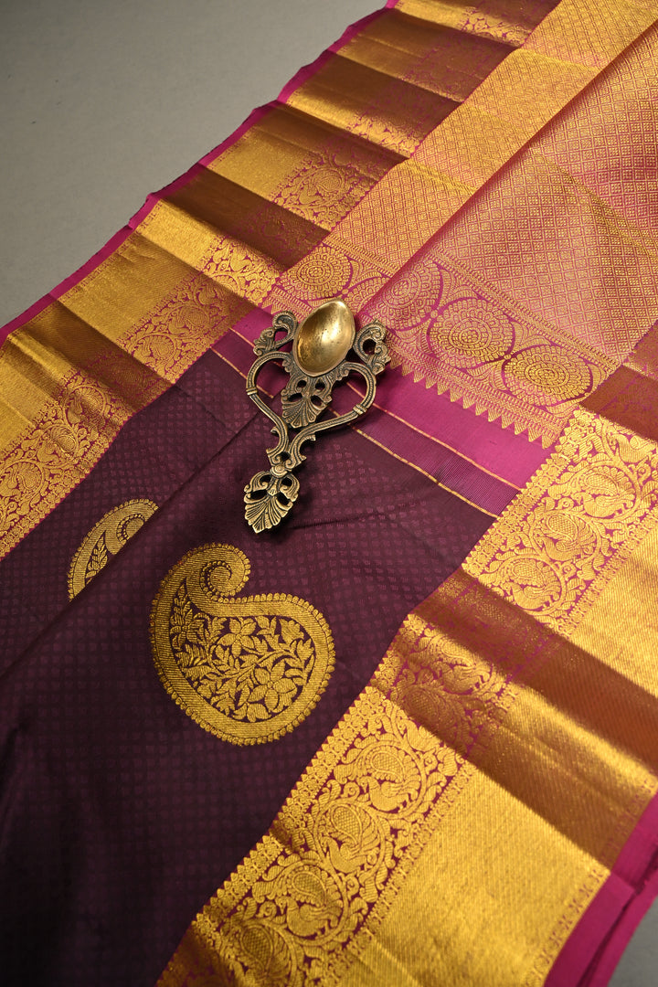 Deep Purple Self Brocade on Pure Kanjivaram Silk Handloom Saree with Paisely Motifs and Zari Border | SILK MARK CERTIFIED | SHOBITAM