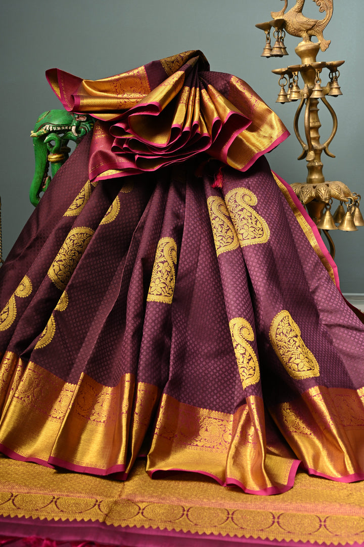 Deep Purple Self Brocade on Pure Kanjivaram Silk Handloom Saree with Paisely Motifs and Zari Border | SILK MARK CERTIFIED | SHOBITAM