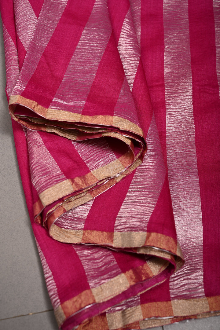 Rani Pink Georgette Saree with Crushed Tissue Vertical Stripes and Minimalist Zari Border