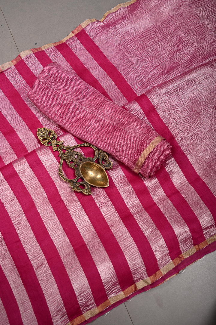 Rani Pink Georgette Saree with Crushed Tissue Vertical Stripes and Minimalist Zari Border