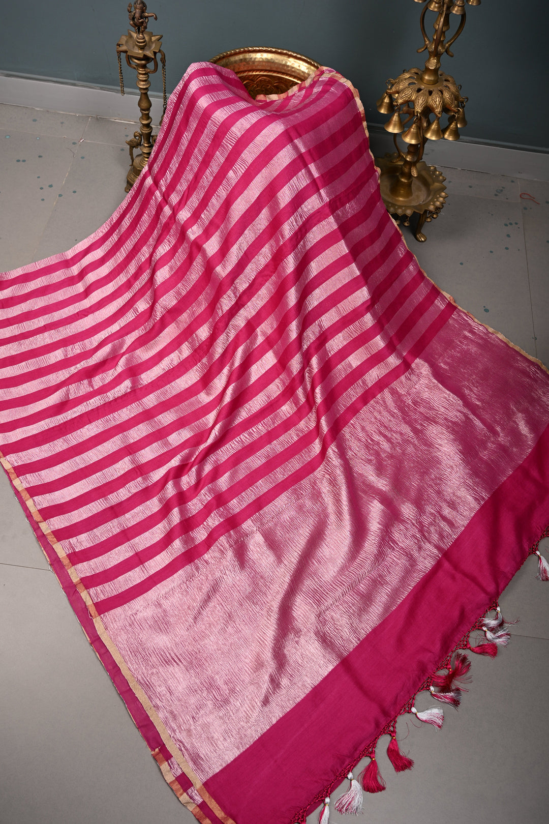 Rani Pink Georgette Saree with Crushed Tissue Vertical Stripes and Minimalist Zari Border