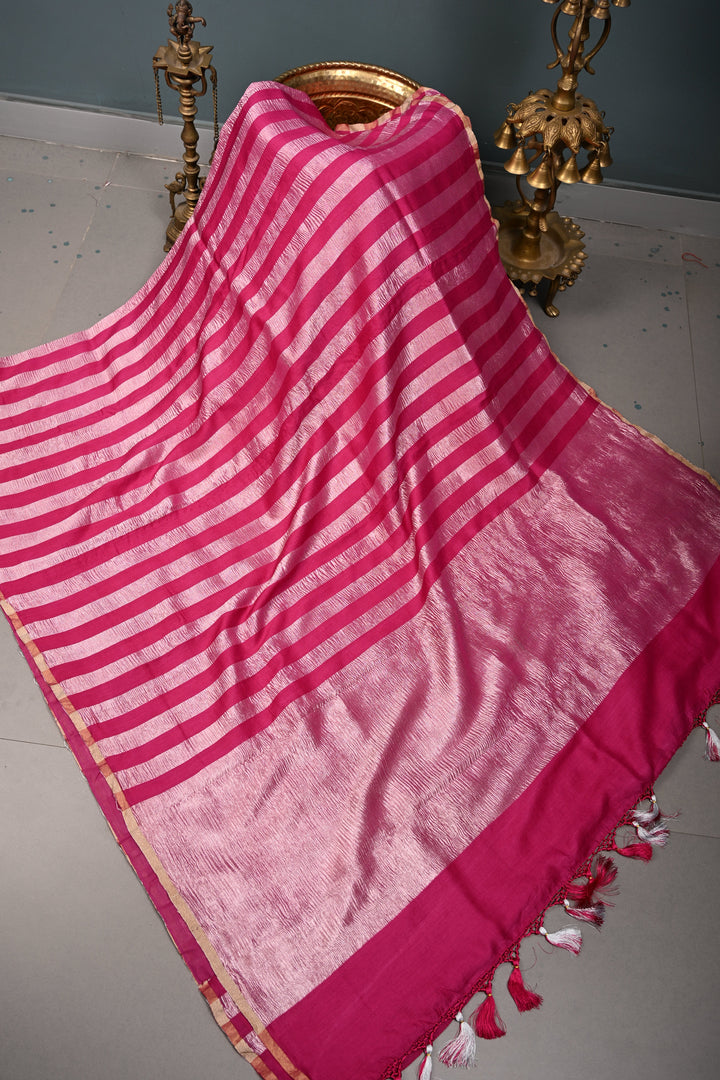 Rani Pink Georgette Saree with Crushed Tissue Vertical Stripes and Minimalist Zari Border