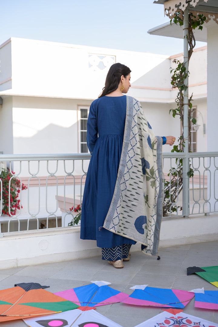 Blue Mul Chanderi Alia Cut With Spread Mirror work and Block Print Dupatta Suit Set- SET OF-3 | SHOB