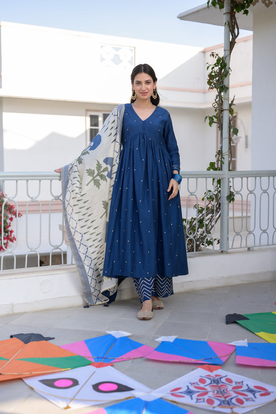 Blue Mul Chanderi Alia Cut With Spread Mirror work and Block Print Dupatta Suit Set- SET OF-3 | SHOB