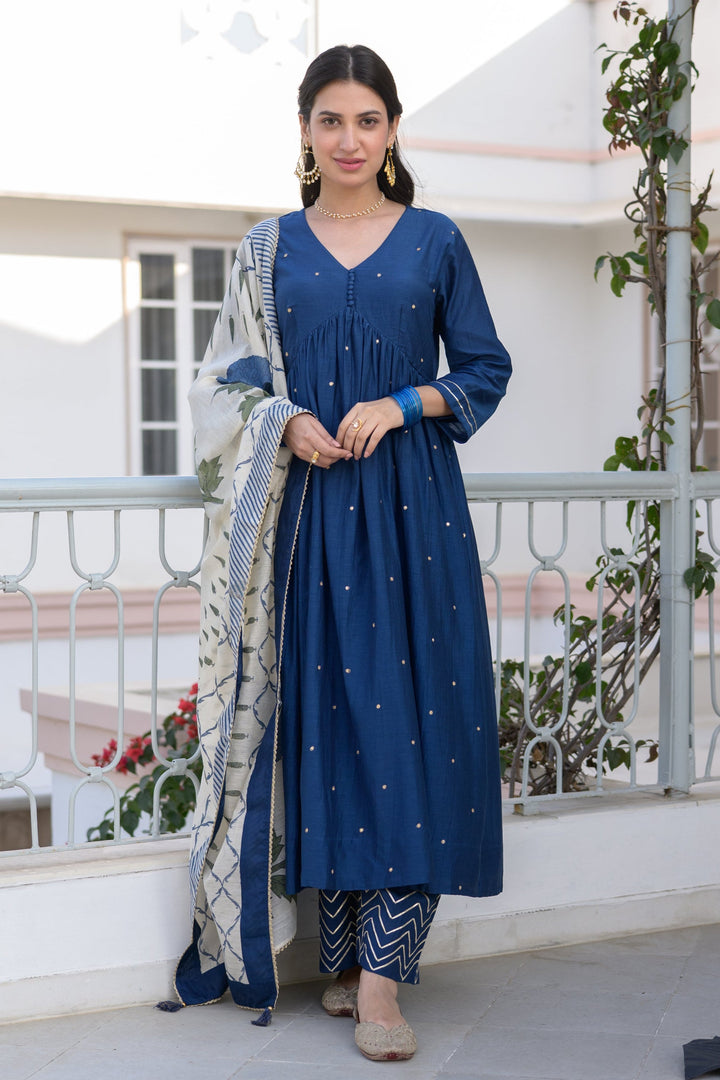 Blue Mul Chanderi Alia Cut With Spread Mirror work and Block Print Dupatta Suit Set- SET OF-3 | SHOB